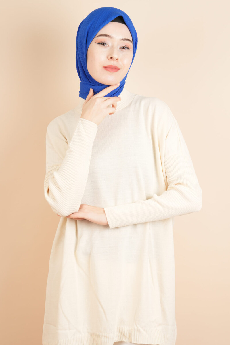 Fitil Kol Yarım Balıkçı Yarasa Kol Kazak Krem - 1