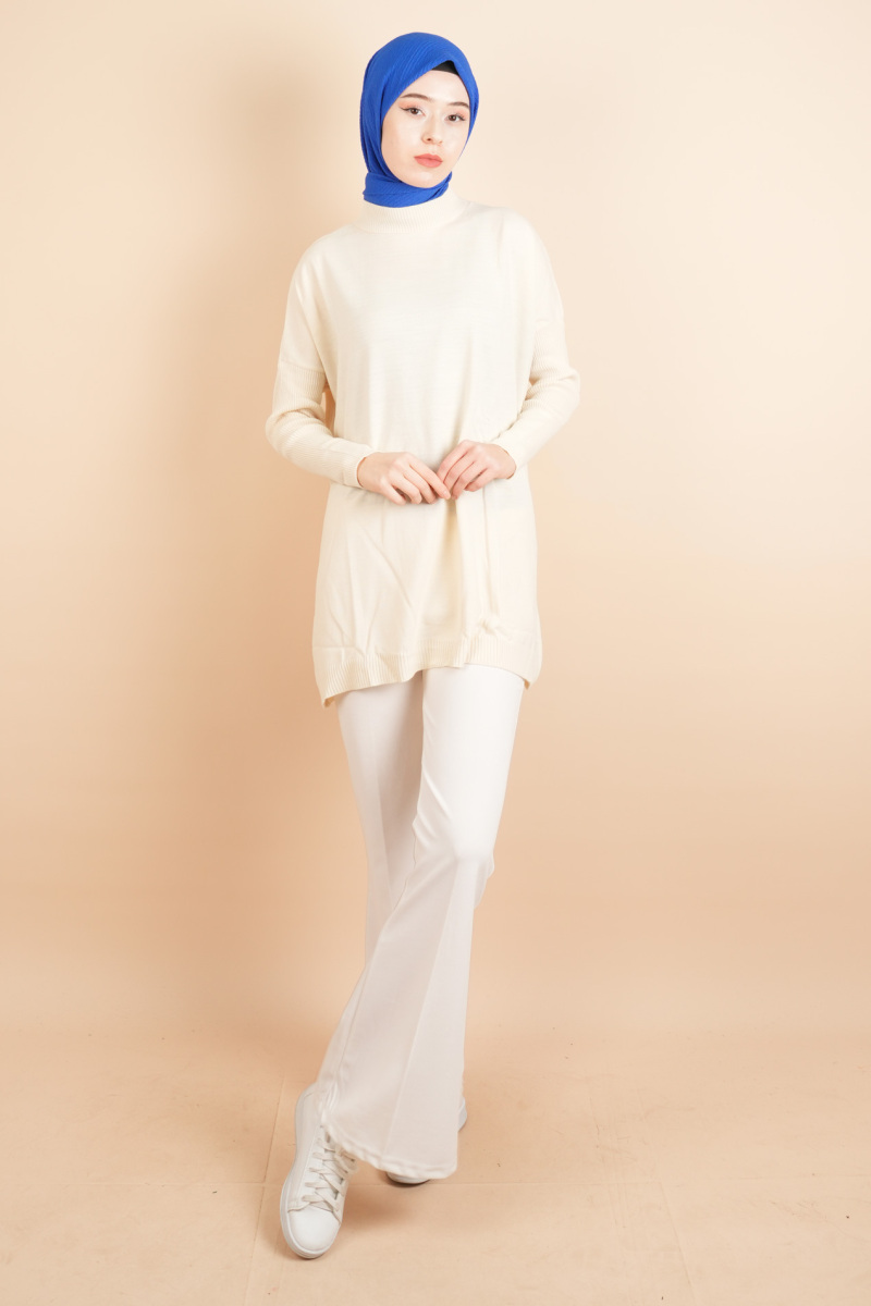 Fitil Kol Yarım Balıkçı Yarasa Kol Kazak Krem - 2