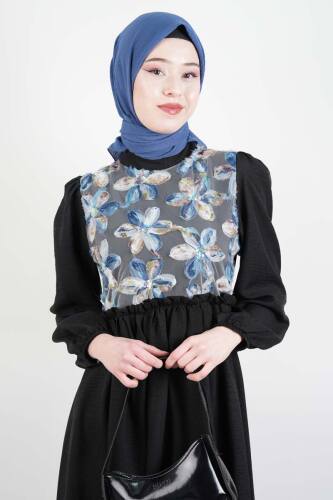 Gita Elbise Ön 3 Boyut Çiçek Detaylı Elbise Siyah - 2