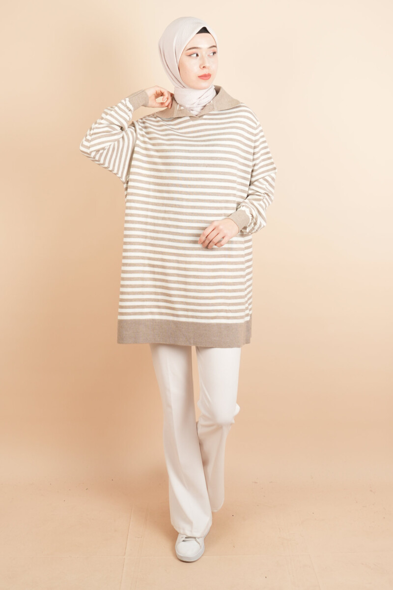 İnce Çizgili Polo Yaka Tunik Kazak Bej - 1