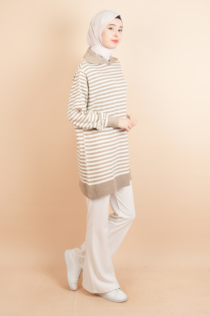 İnce Çizgili Polo Yaka Tunik Kazak Bej - 2