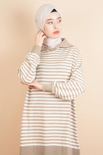 İnce Çizgili Polo Yaka Tunik Kazak Bej - 4