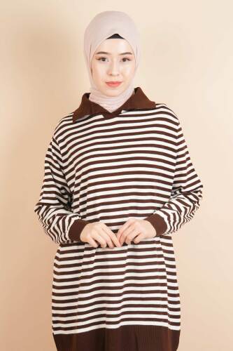 İnce Çizgili Polo Yaka Tunik Kazak Kahverengi - 03Kız Kulesi Teks