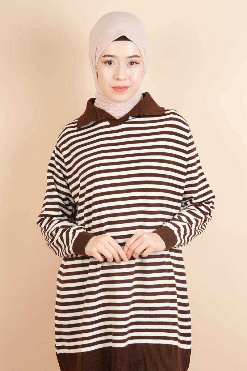 İnce Çizgili Polo Yaka Tunik Kazak Kahverengi - 1