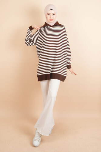 İnce Çizgili Polo Yaka Tunik Kazak Kahverengi - 03Kız Kulesi Teks (1)