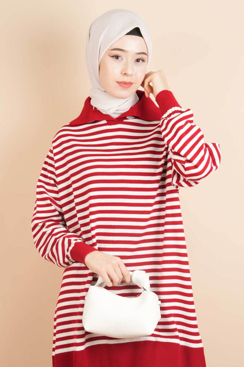 İnce Çizgili Polo Yaka Tunik Kazak Kırmızı - 1