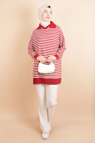 İnce Çizgili Polo Yaka Tunik Kazak Kırmızı - 03Kız Kulesi Teks (1)