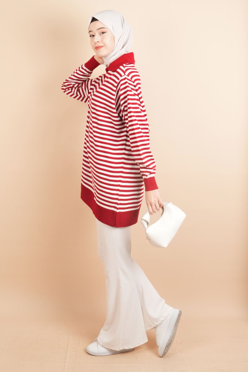 İnce Çizgili Polo Yaka Tunik Kazak Kırmızı - 3