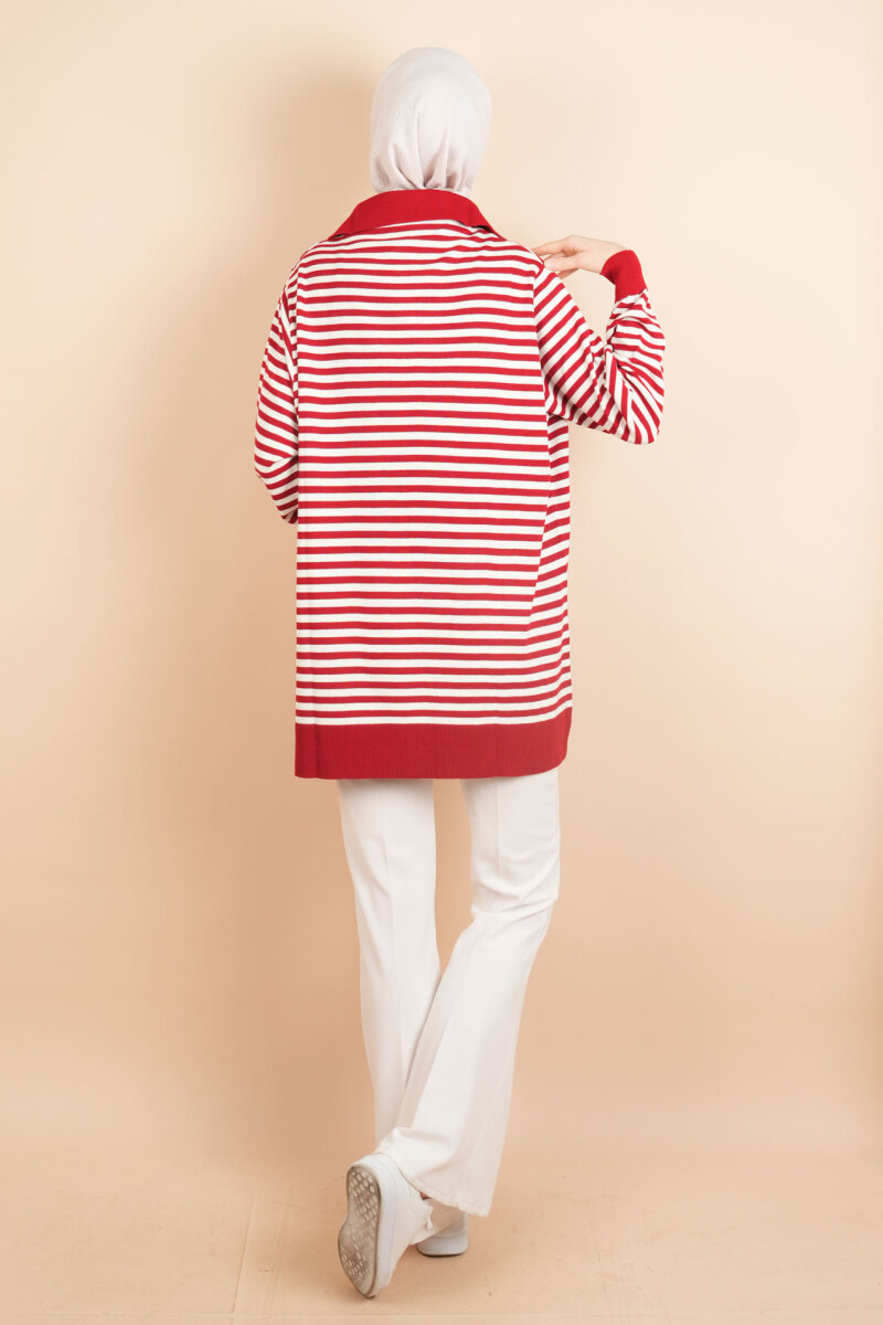 İnce Çizgili Polo Yaka Tunik Kazak Kırmızı - 4