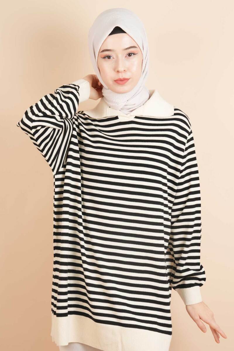 İnce Çizgili Polo Yaka Tunik Kazak Krem - 1