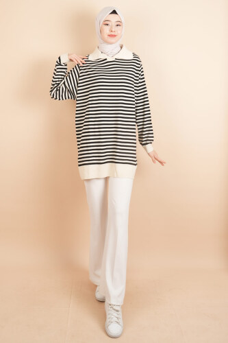 İnce Çizgili Polo Yaka Tunik Kazak Krem - 03Kız Kulesi Teks (1)