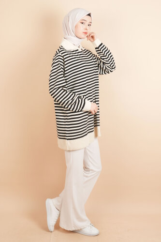 İnce Çizgili Polo Yaka Tunik Kazak Krem - 3