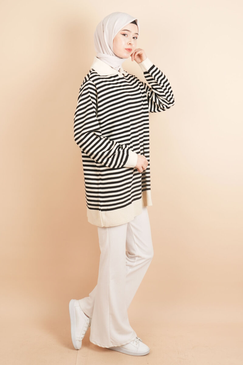 İnce Çizgili Polo Yaka Tunik Kazak Krem - 3