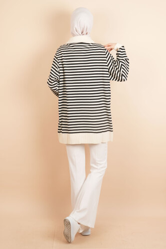 İnce Çizgili Polo Yaka Tunik Kazak Krem - 4