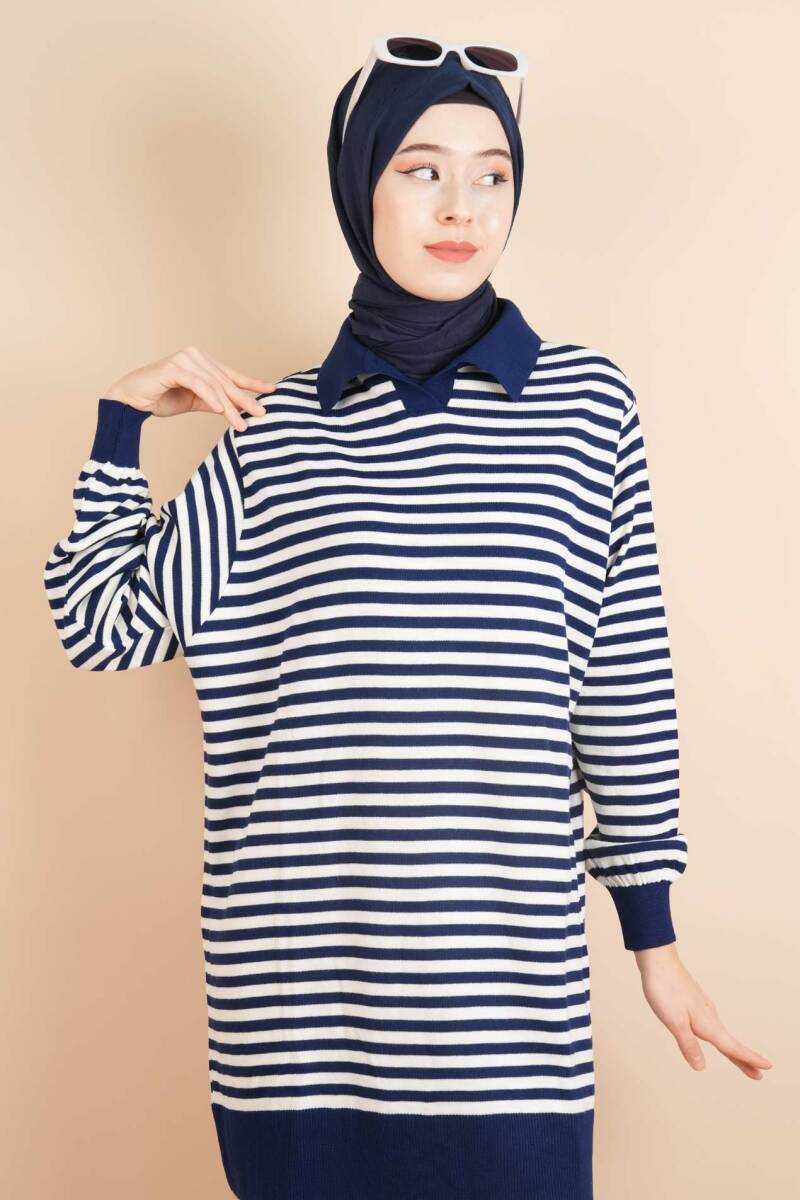 İnce Çizgili Polo Yaka Tunik Kazak Lacivert - 1