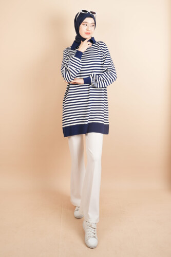 İnce Çizgili Polo Yaka Tunik Kazak Lacivert - 03Kız Kulesi Teks (1)