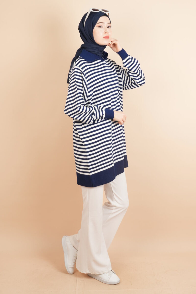 İnce Çizgili Polo Yaka Tunik Kazak Lacivert - 3