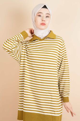 İnce Çizgili Polo Yaka Tunik Kazak Yağ Yeşili - 03Kız Kulesi Teks