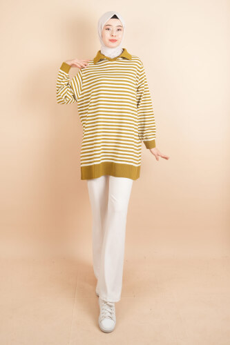 İnce Çizgili Polo Yaka Tunik Kazak Yağ Yeşili - 03Kız Kulesi Teks (1)