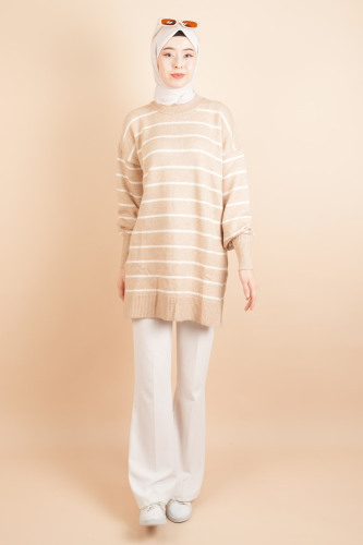 İnce Çizgili Yumuşak Bisiklet Yaka Tunik Kazak Bej - 03Kız Kulesi Teks