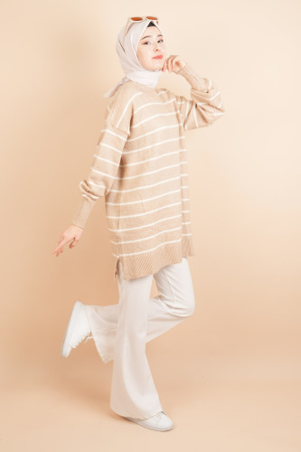 İnce Çizgili Yumuşak Bisiklet Yaka Tunik Kazak Bej - 03Kız Kulesi Teks (1)