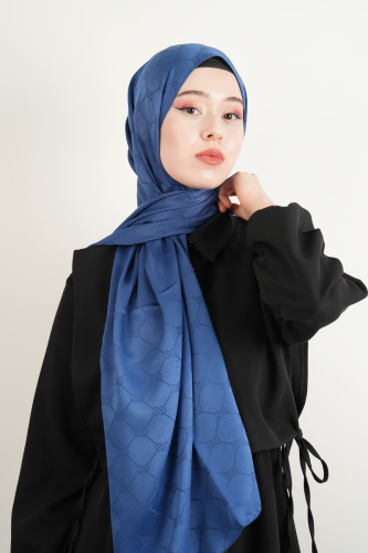 Jakarlı Şal Desenli Şal - İndigo Mavi 