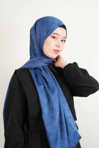 Jakarlı Şal Desenli Şal - İndigo Mavi - 2