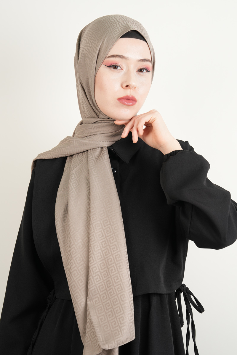 Jakarlı Şal Desenli Şal - Koyu Taş - 1