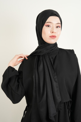 Jakarlı Şal Desenli Şal - Siyah 