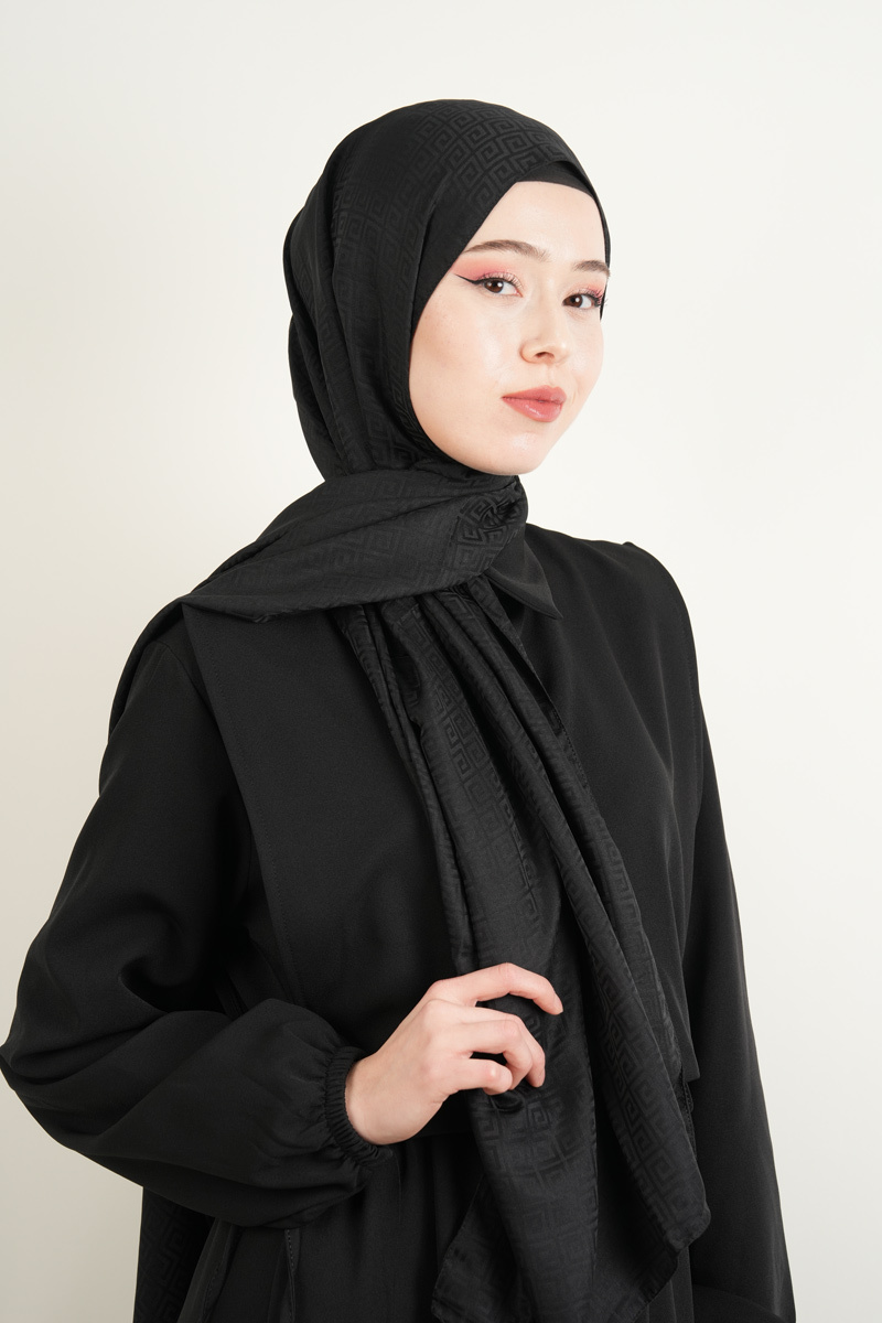 Jakarlı Şal Desenli Şal - Siyah - 2