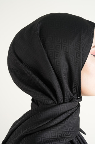 Jakarlı Şal Desenli Şal - Siyah - 3