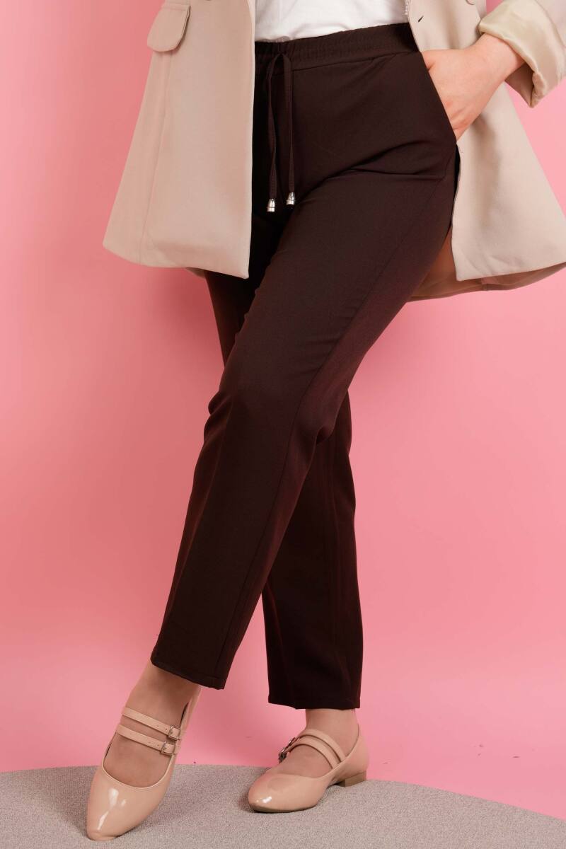 Kadın Dar Kalıp Havuç Pantolon Bel Lastikli Pantolon Koyu Kahverengi - 1