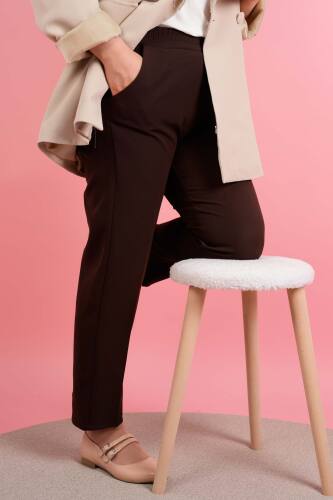 Kadın Dar Kalıp Havuç Pantolon Bel Lastikli Pantolon Koyu Kahverengi - 3