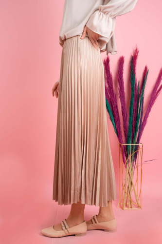 Kadın Deri Görünümlü Piliseli Etek Bej - 03Kız Kulesi Teks (1)