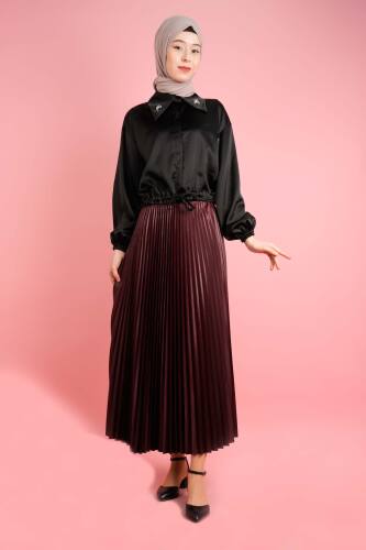 Kadın Deri Görünümlü Piliseli Etek Bordo - 03Kız Kulesi Teks (1)