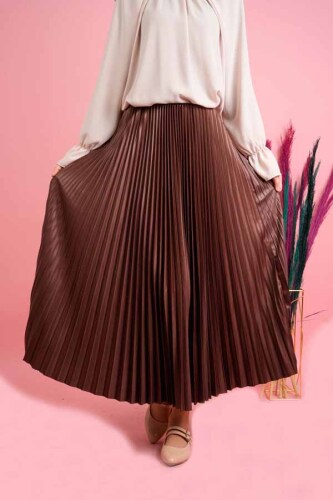 Kadın Deri Görünümlü Piliseli Etek Kahverengi - 03Kız Kulesi Teks