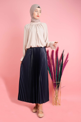 Kadın Deri Görünümlü Piliseli Etek Lacivert - 03Kız Kulesi Teks