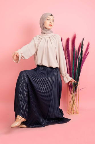 Kadın Deri Görünümlü Piliseli Etek Lacivert - 03Kız Kulesi Teks (1)