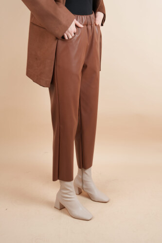 Kadın Deri Pantolon Puane Havuç Kesim Deri Pantolon Kahverengi - 03Kız Kulesi Teks