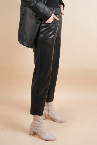 Kadın Deri Pantolon Puane Havuç Kesim Deri Pantolon Siyah - 03Kız Kulesi Teks