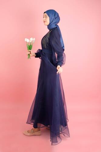 Kadın Ön Çapraz Drape Abiye Sol Taş Salkım Dalya Abiye Lacivert - 2