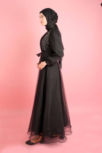 Kadın Ön Çapraz Drape Abiye Sol Taş Salkım Dalya Abiye Siyah - 2