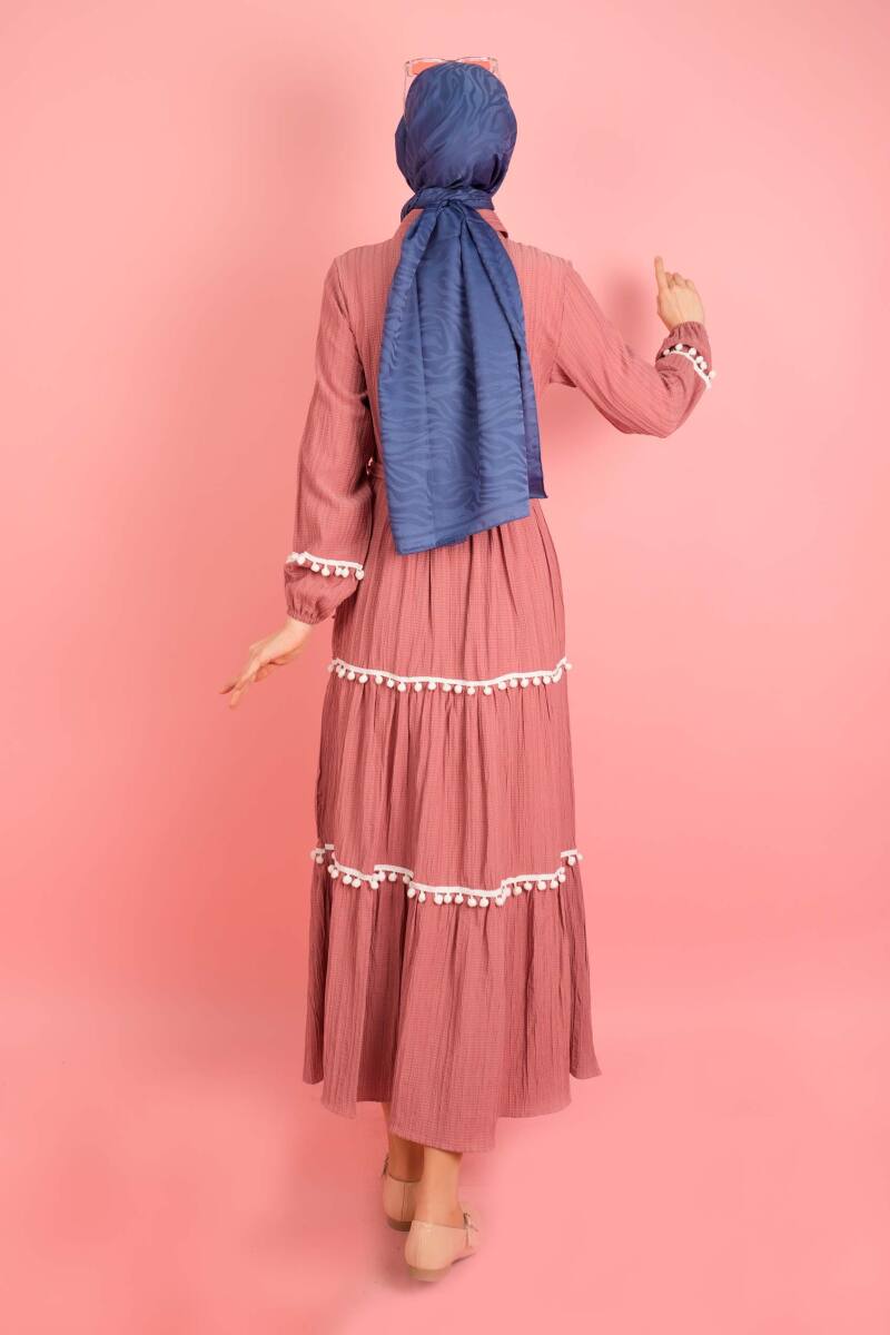 Kadın Yarım Düğme Yakalı Kaş Elbise Ponponlu Pembe - 3