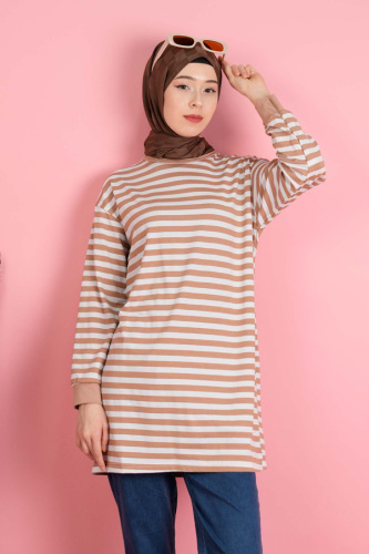 Kadın Yazlık Çizgili Penye Tesettür Tunik İnce Çizgi Bej - 03Kız Kulesi Teks