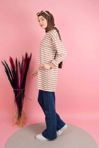 Kadın Yazlık Çizgili Penye Tesettür Tunik İnce Çizgi Bej - 03Kız Kulesi Teks (1)