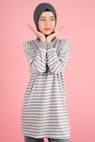 Kadın Yazlık Çizgili Penye Tesettür Tunik İnce Çizgi Gri - 03Kız Kulesi Teks