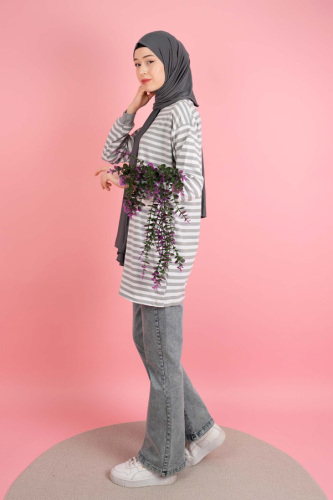 Kadın Yazlık Çizgili Penye Tesettür Tunik İnce Çizgi Gri - 03Kız Kulesi Teks (1)