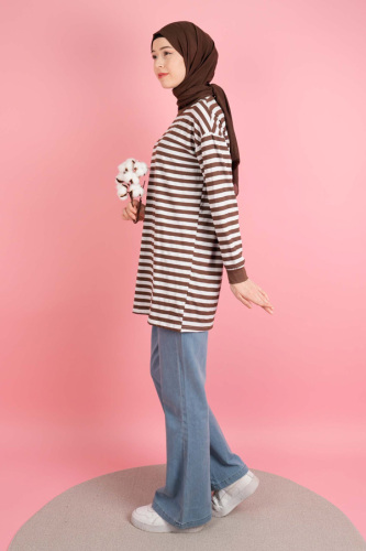 Kadın Yazlık Çizgili Penye Tesettür Tunik İnce Çizgi Kahverengi - 03Kız Kulesi Teks (1)