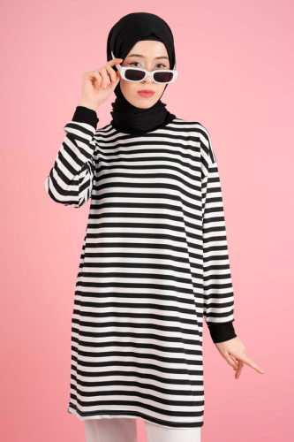 Kadın Yazlık Çizgili Penye Tesettür Tunik İnce Çizgi Siyah - 03Kız Kulesi Teks