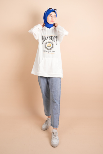 Kapüşonlu Boyun Bağcıklı Sweat Penn Beyaz - 03Kız Kulesi Teks